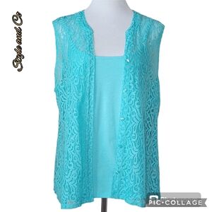 Style & Co tank top 2 piece aqua & lace vest sleeveless button+ pocket nwt